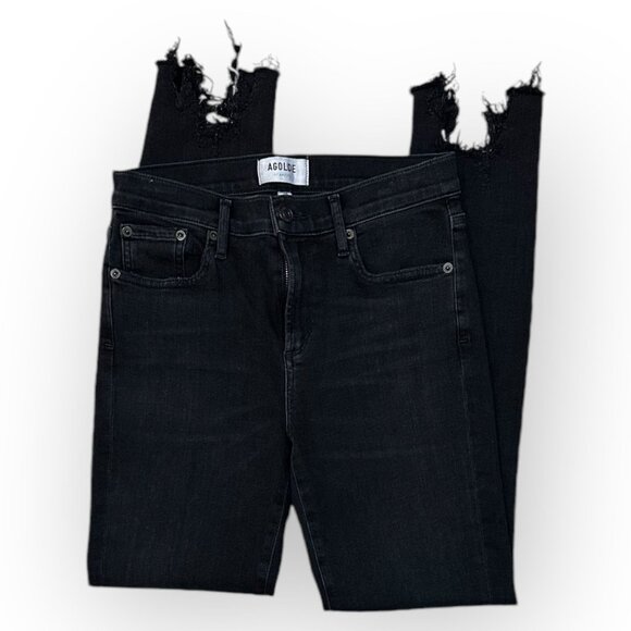 Agolde Sophie Mid-Rise Skinny Ankle Jeans in Shout Washed Black Raw Hem - Picture 1 of 5